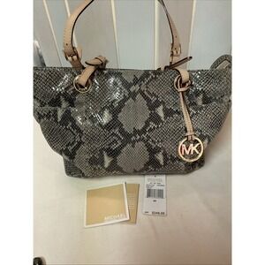 Michael Kors Python Tote Jet Set Tan Leather Shoulder Handbag MK Charm Logo